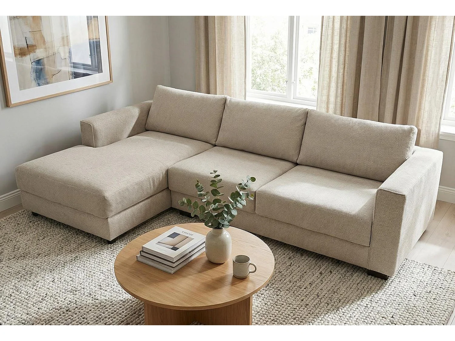 Kaizer Corner Sofa with Bubble Fabric Left Facing Beige