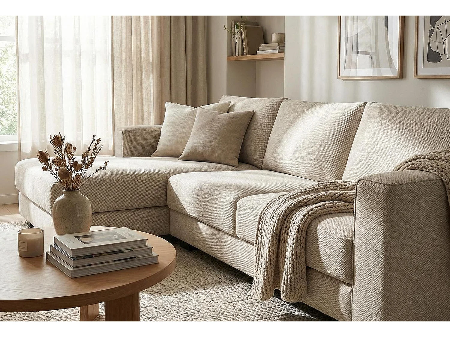 Kaizer Corner Sofa with Bubble Fabric Left Facing Beige