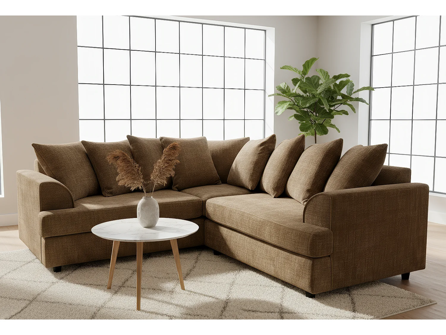 Ferguson Chenille Corner Sofa with Deep Seats and Angular Arms Available in Brown
