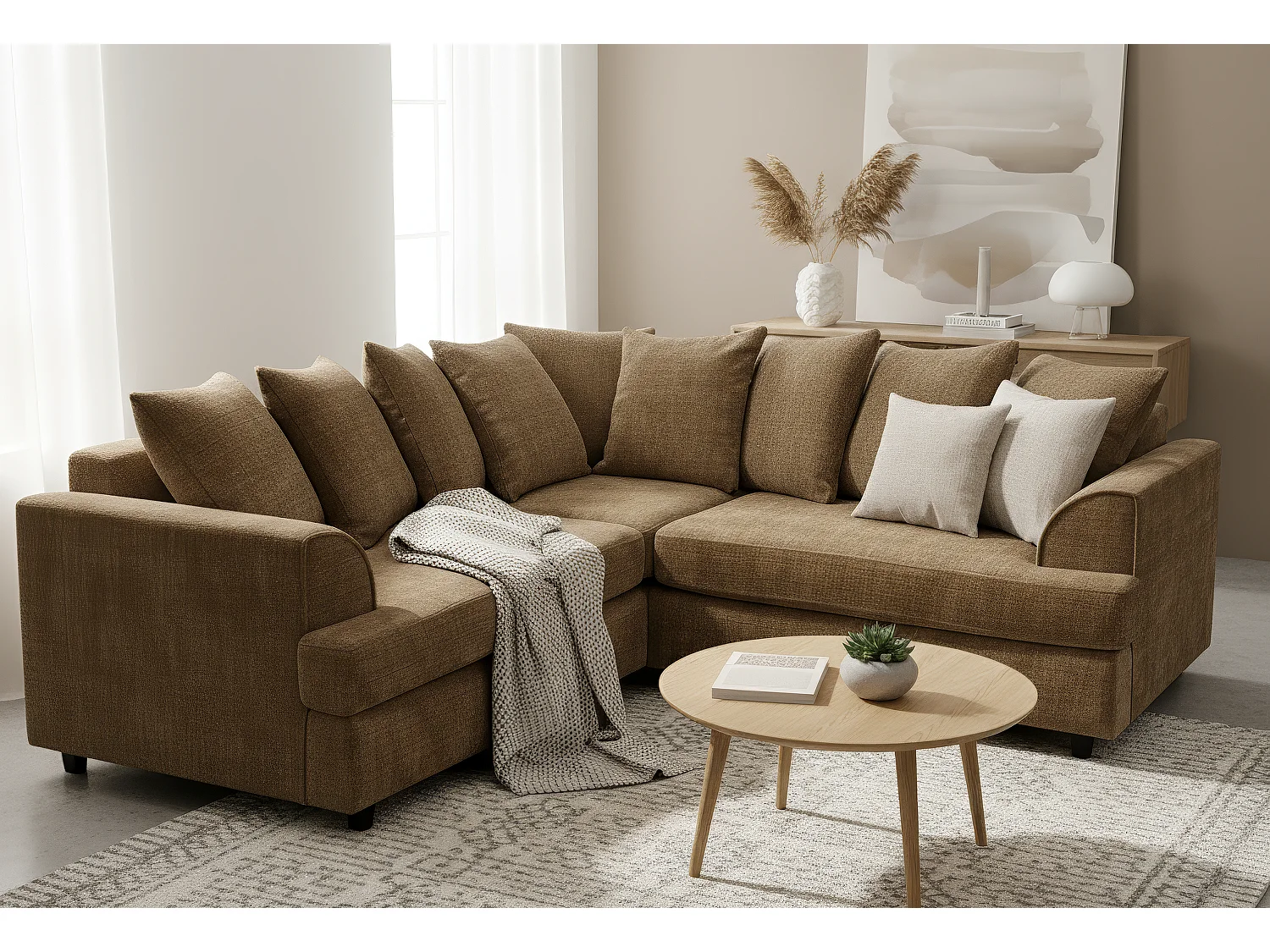 Ferguson Chenille Corner Sofa with Deep Seats and Angular Arms Available in Brown