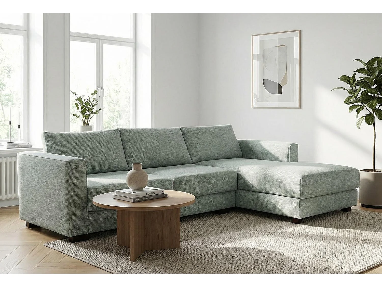 Kaizer Corner Sofa with Bubble Fabric Right Facing Sage Green