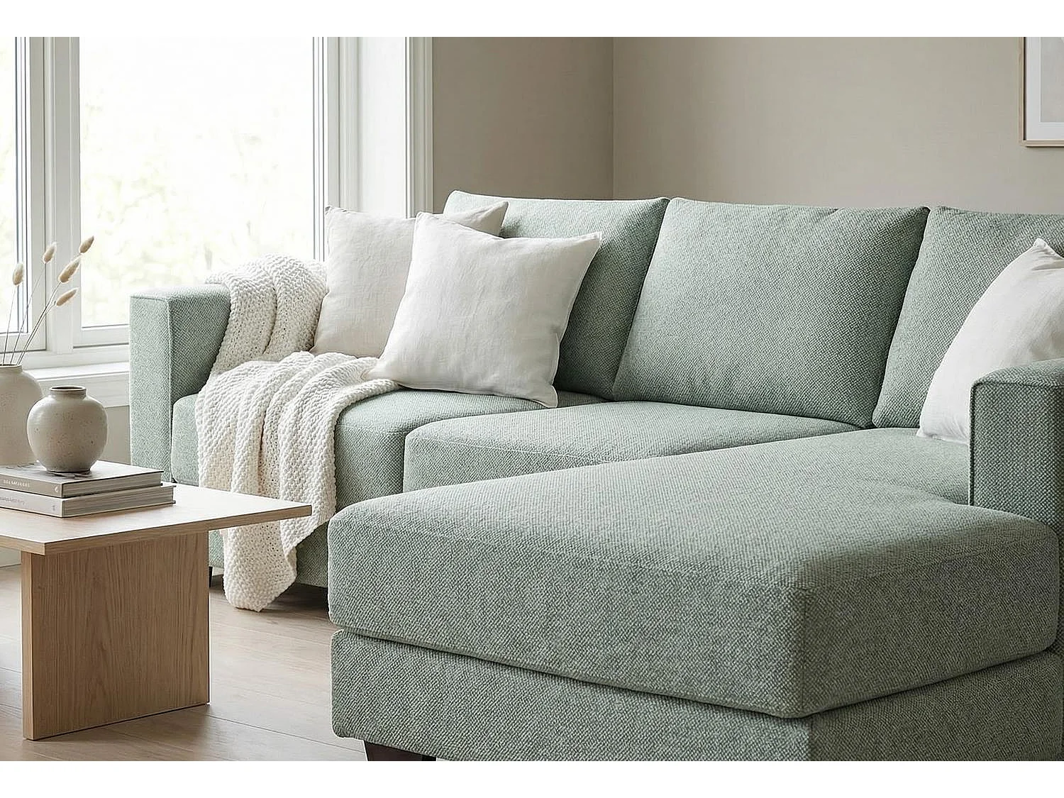 Kaizer Corner Sofa with Bubble Fabric Right Facing Sage Green
