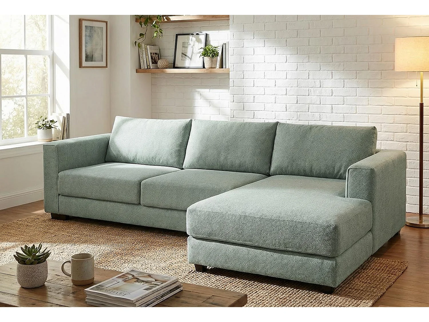 Kaizer Corner Sofa with Bubble Fabric Right Facing Sage Green