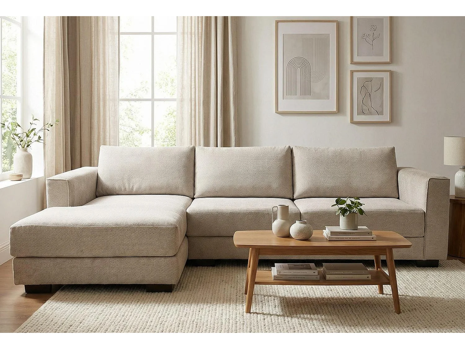 Kaizer Corner Sofa with Bubble Fabric Left Facing Light Brown