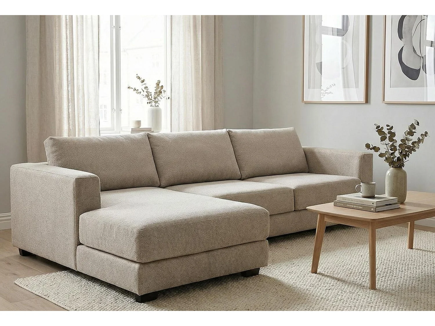 Kaizer Corner Sofa with Bubble Fabric Left Facing Light Brown