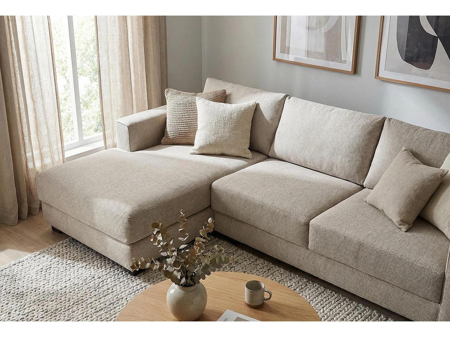 Kaizer Corner Sofa with Bubble Fabric Left Facing Light Brown