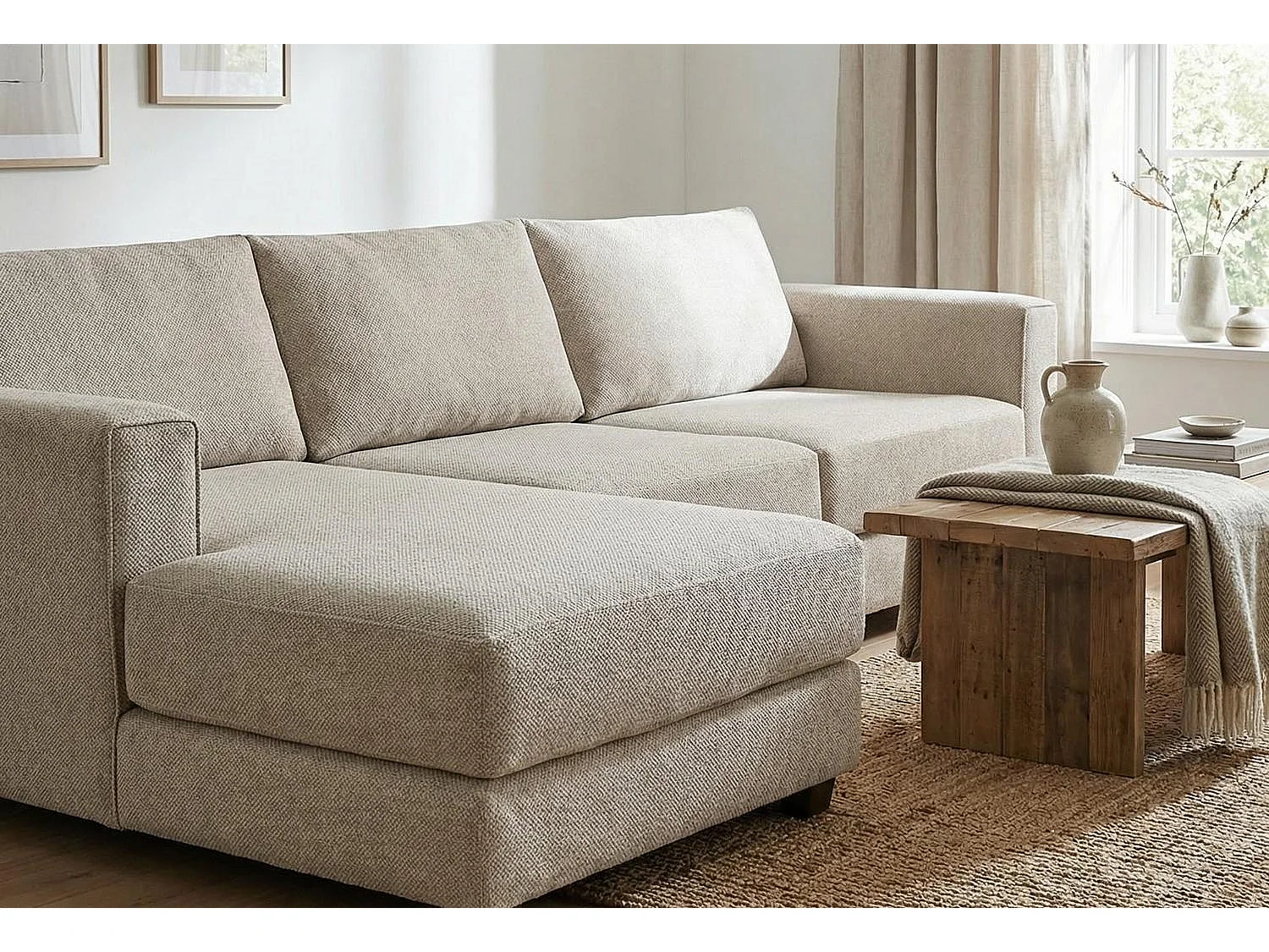 Kaizer Corner Sofa with Bubble Fabric Left Facing Light Brown