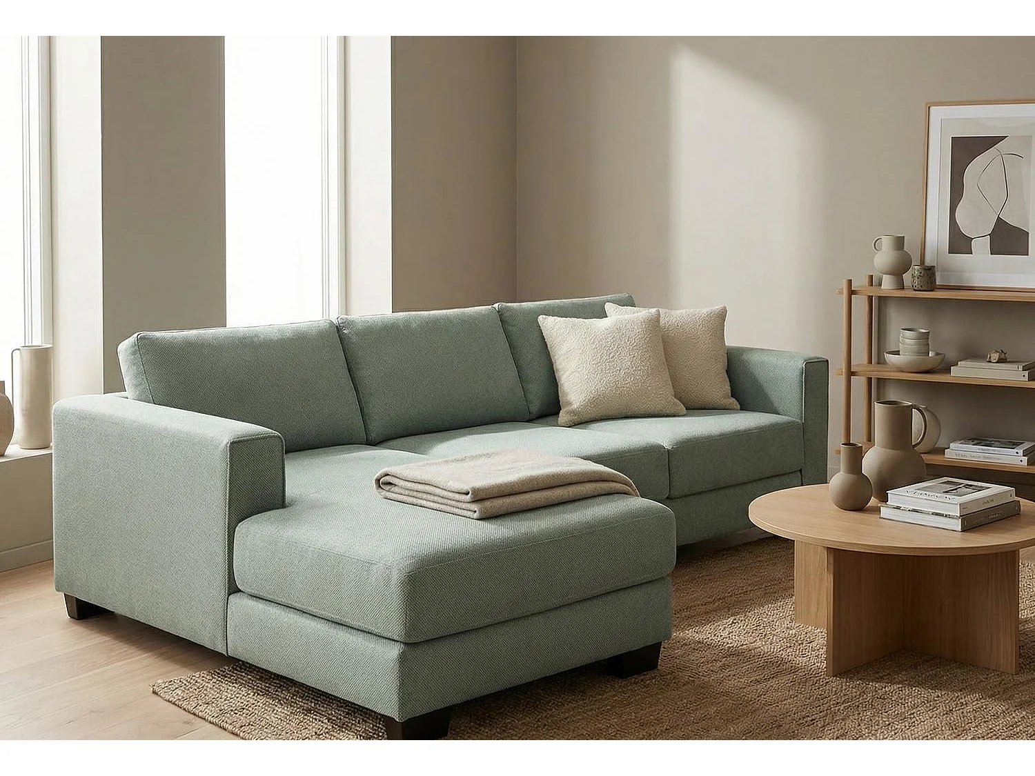 Kaizer Corner Sofa with Bubble Fabric Left Facing Sage Green