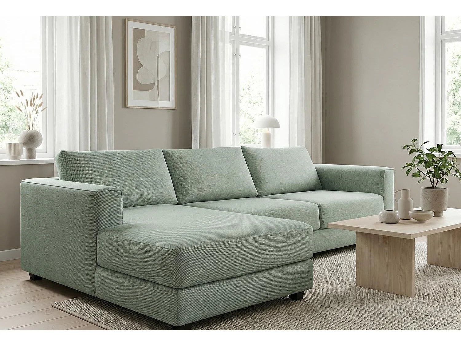 Kaizer Corner Sofa with Bubble Fabric Left Facing Sage Green