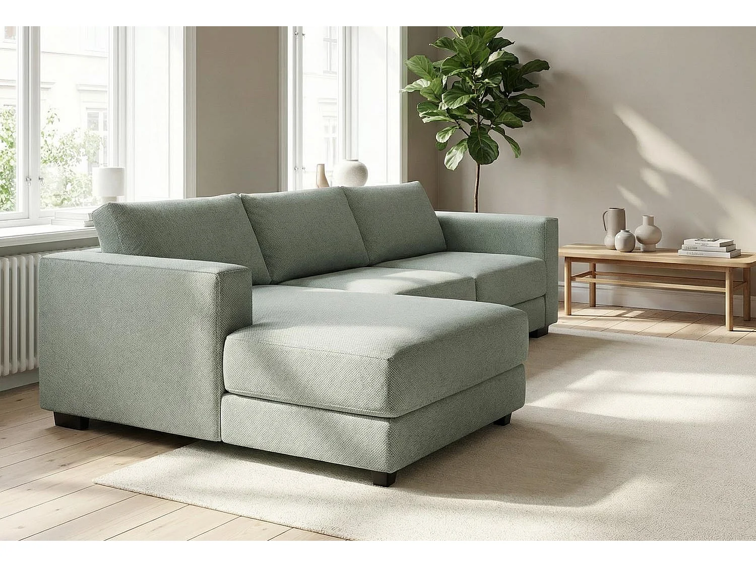 Kaizer Corner Sofa with Bubble Fabric Left Facing Sage Green