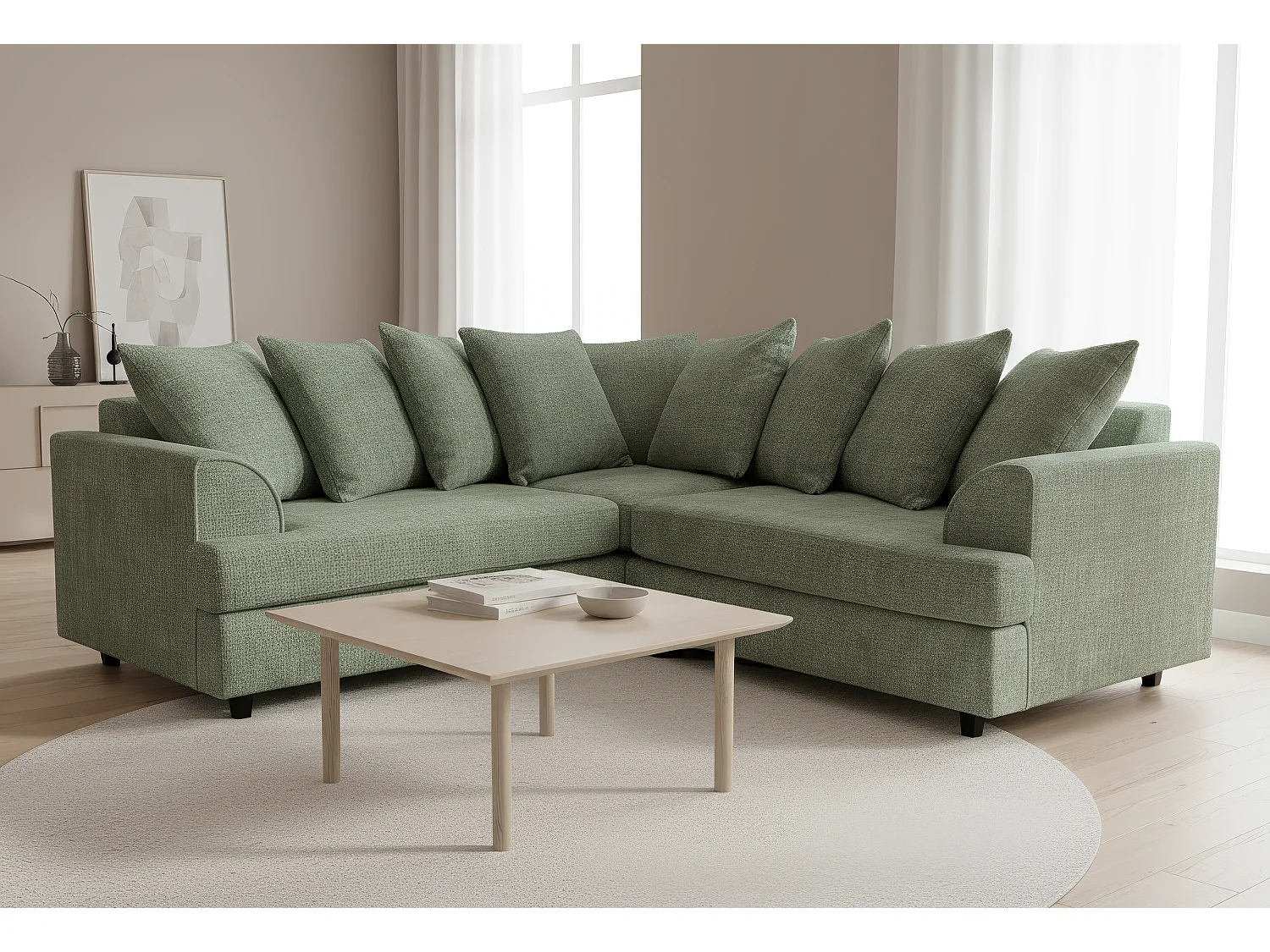 Ferguson Chenille Corner Sofa with Deep Seats and Angular Arms Available in Sage Green