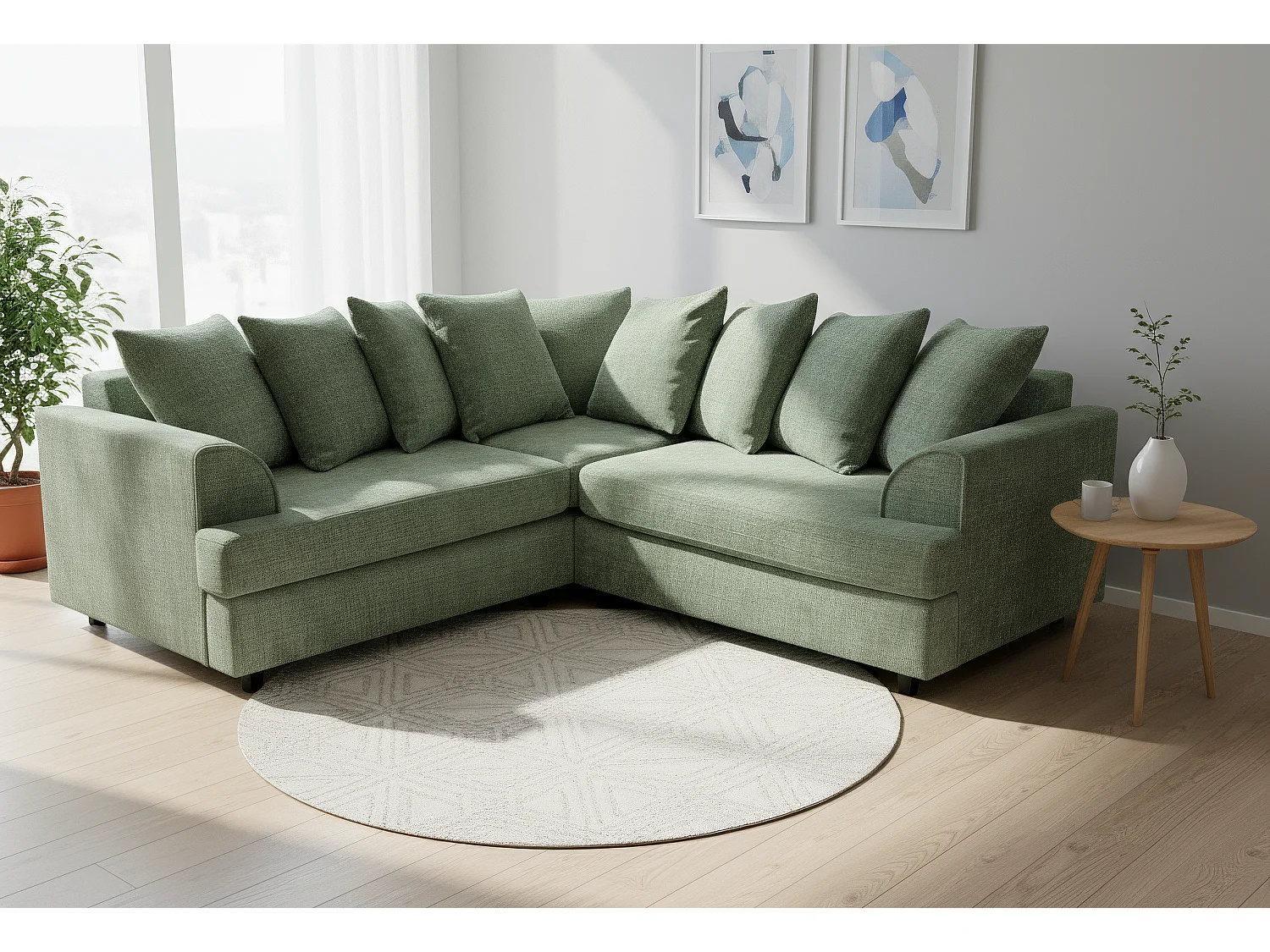 Ferguson Chenille Corner Sofa with Deep Seats and Angular Arms Available in Sage Green