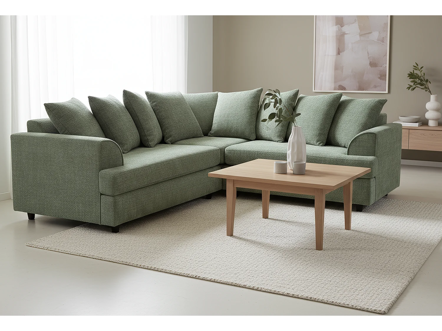 Ferguson Chenille Corner Sofa with Deep Seats and Angular Arms Available in Sage Green