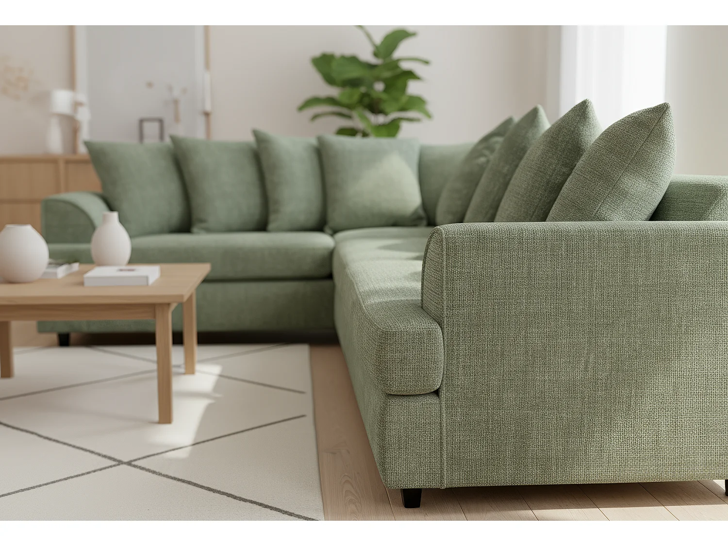 Ferguson Chenille Corner Sofa with Deep Seats and Angular Arms Available in Sage Green