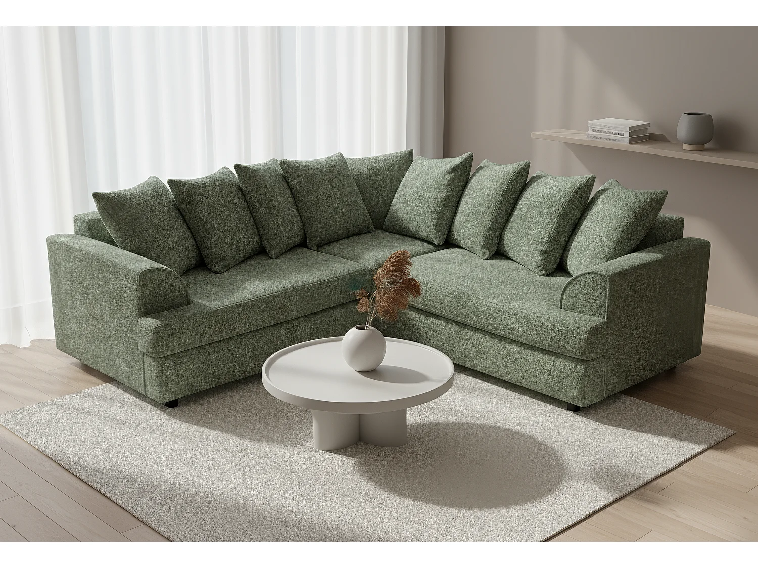 Ferguson Chenille Corner Sofa with Deep Seats and Angular Arms Available in Sage Green