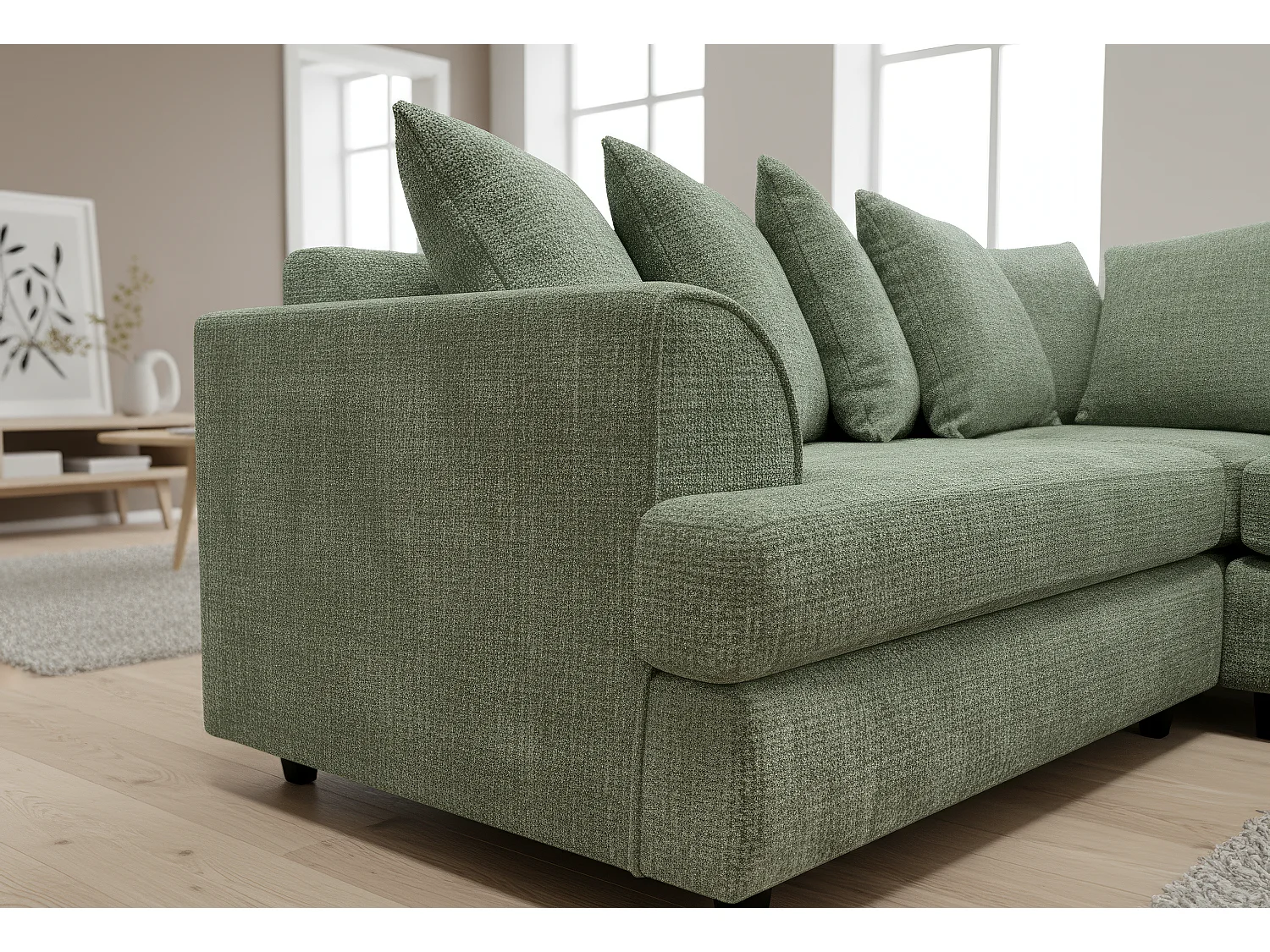 Ferguson Chenille Corner Sofa with Deep Seats and Angular Arms Available in Sage Green