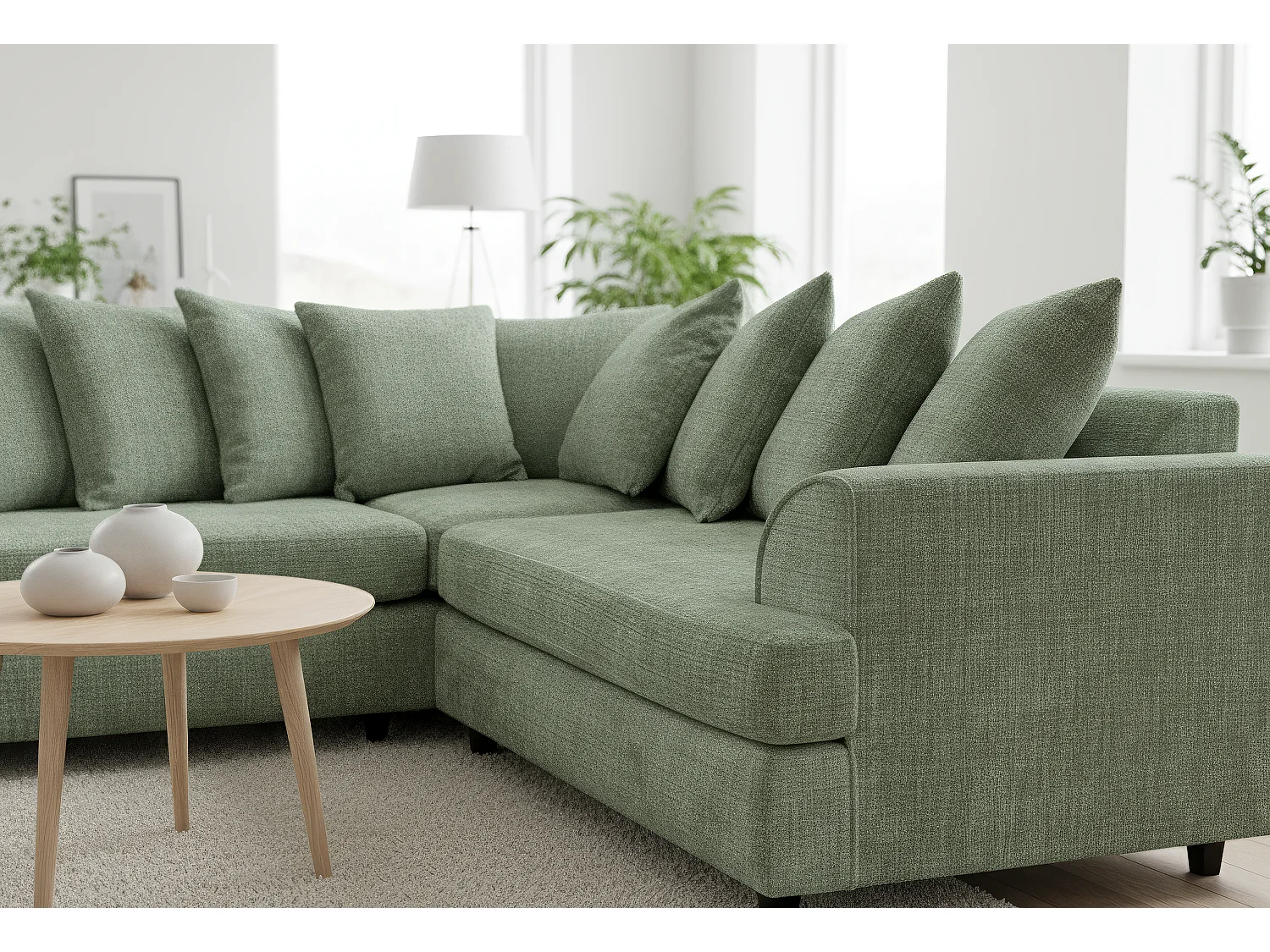 Ferguson Chenille Corner Sofa with Deep Seats and Angular Arms Available in Sage Green