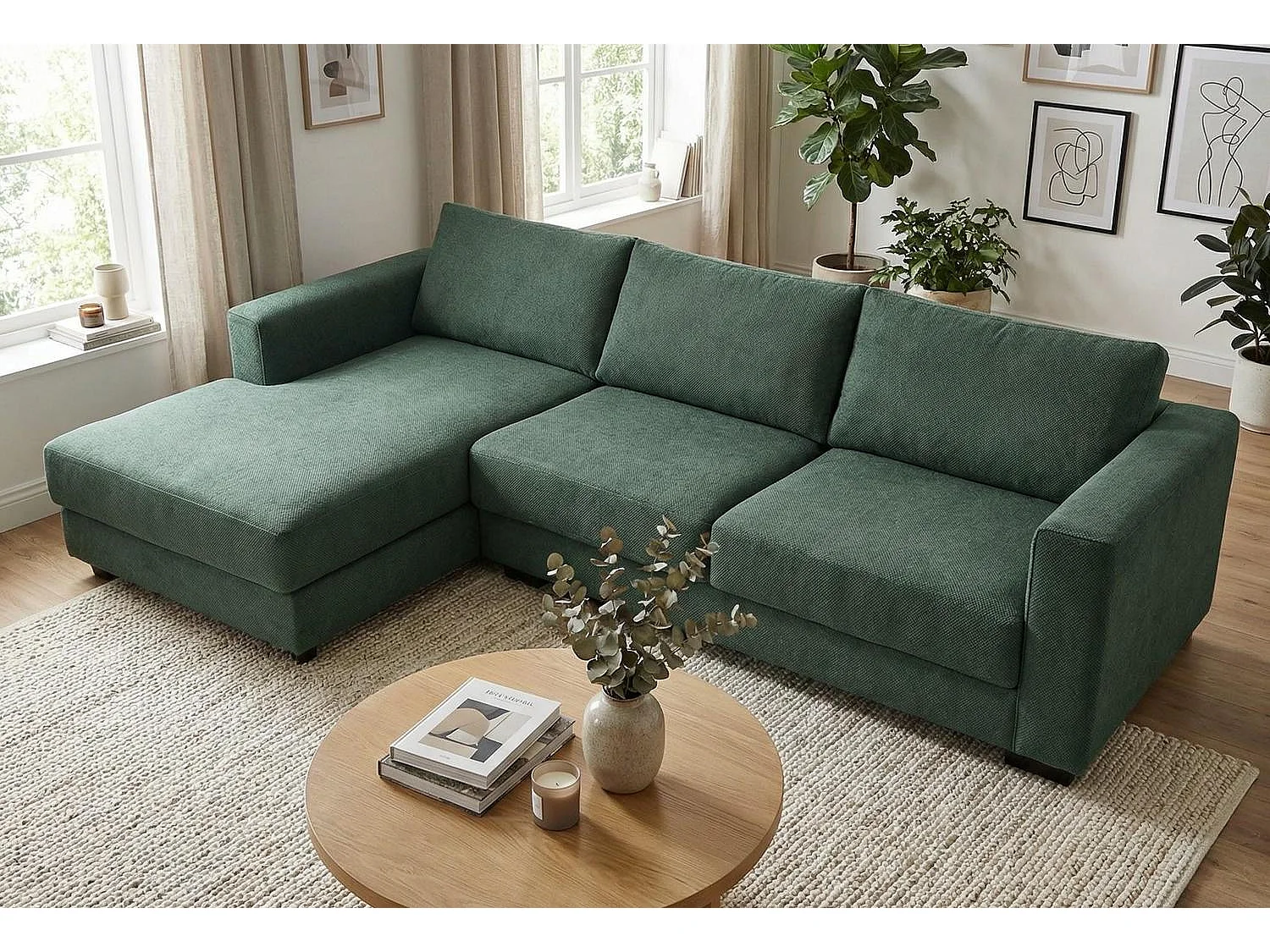Kaizer Corner Sofa with Bubble Fabric Left Facing Jungle Green