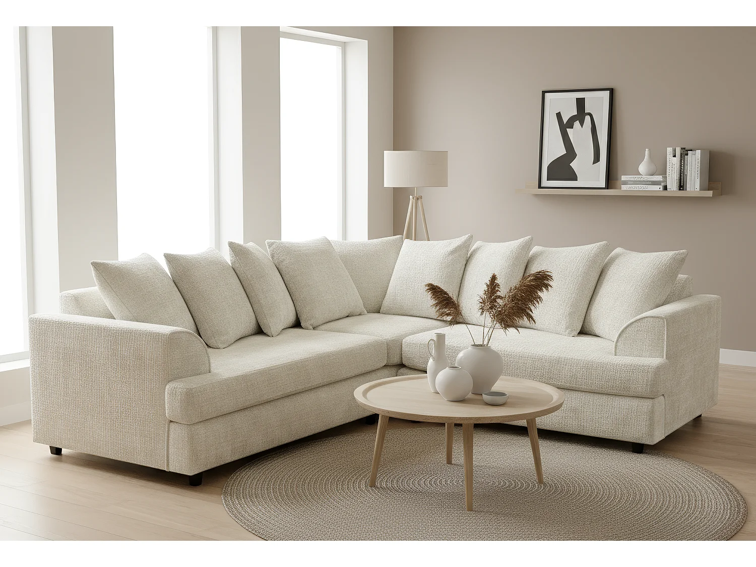 Ferguson Chenille Corner Sofa with Deep Seats and Angular Arms Available in Beige