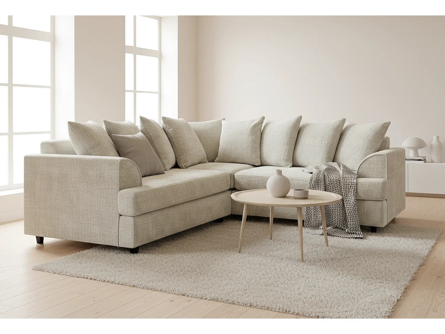 Ferguson Chenille Corner Sofa with Deep Seats and Angular Arms Available in Beige