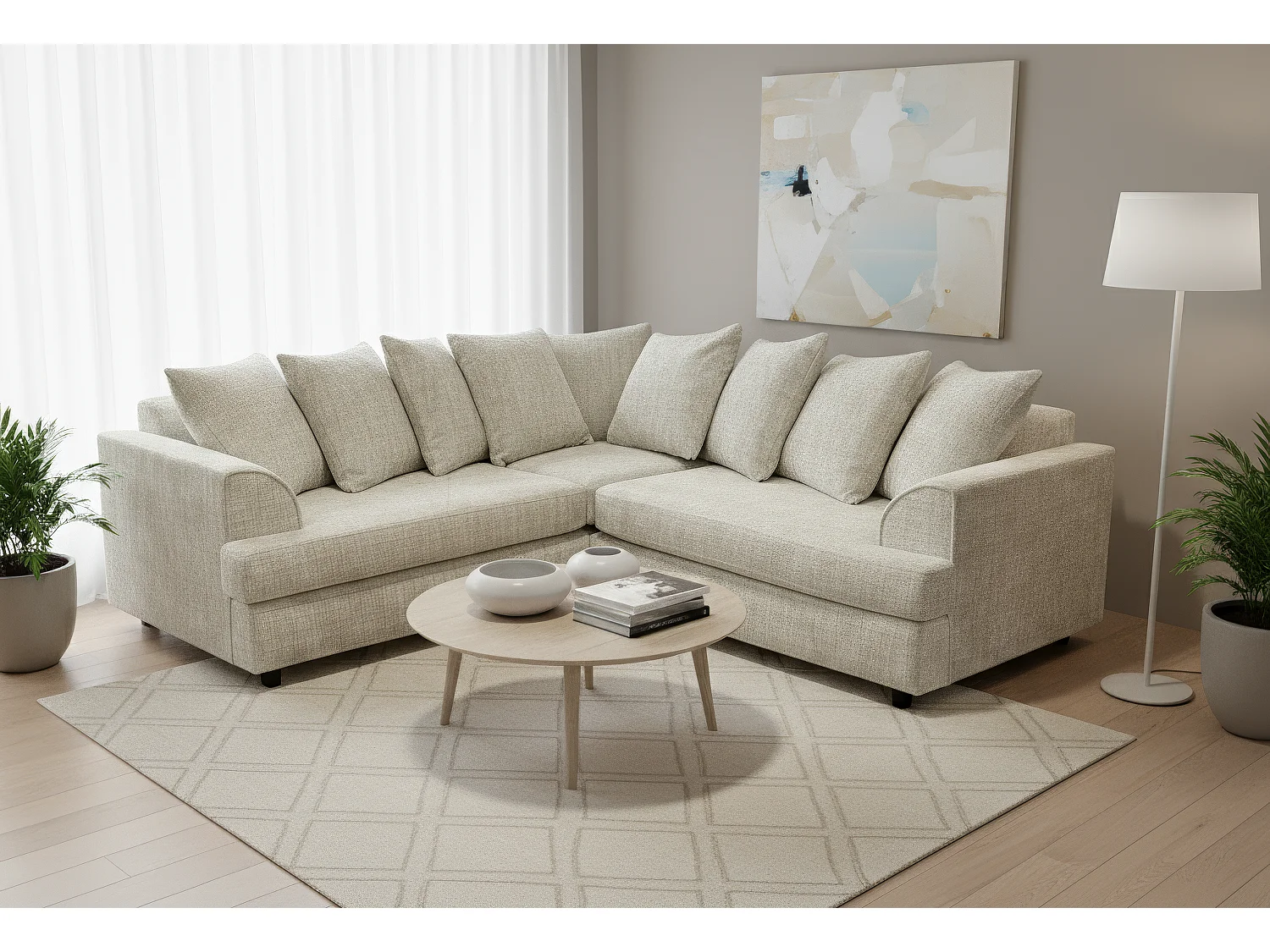 Ferguson Chenille Corner Sofa with Deep Seats and Angular Arms Available in Cream