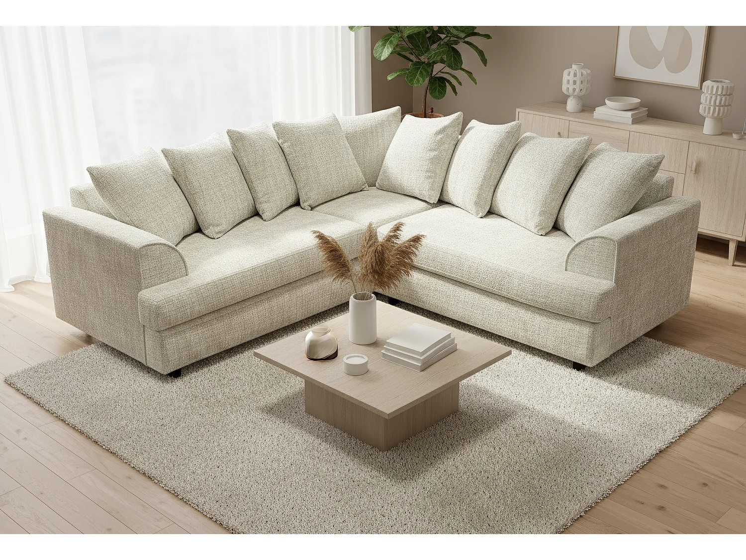 Ferguson Chenille Corner Sofa with Deep Seats and Angular Arms Available in Cream