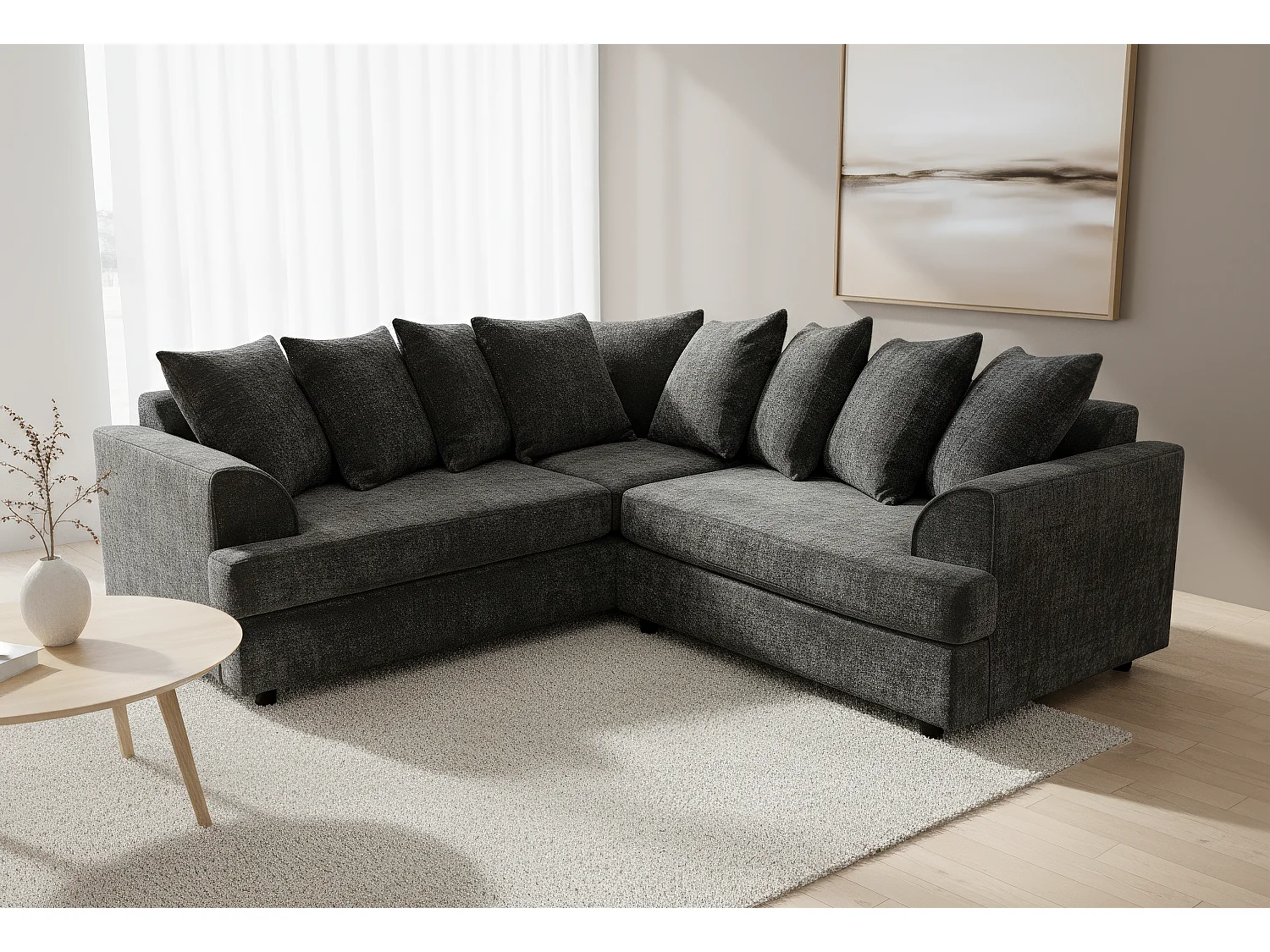 Ferguson Chenille Corner Sofa with Deep Seats and Angular Arms Available in Black