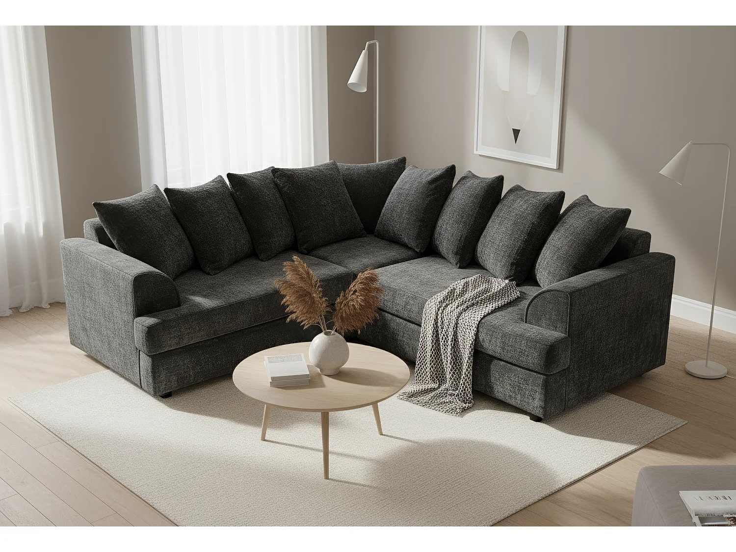 Ferguson Chenille Corner Sofa with Deep Seats and Angular Arms Available in Black