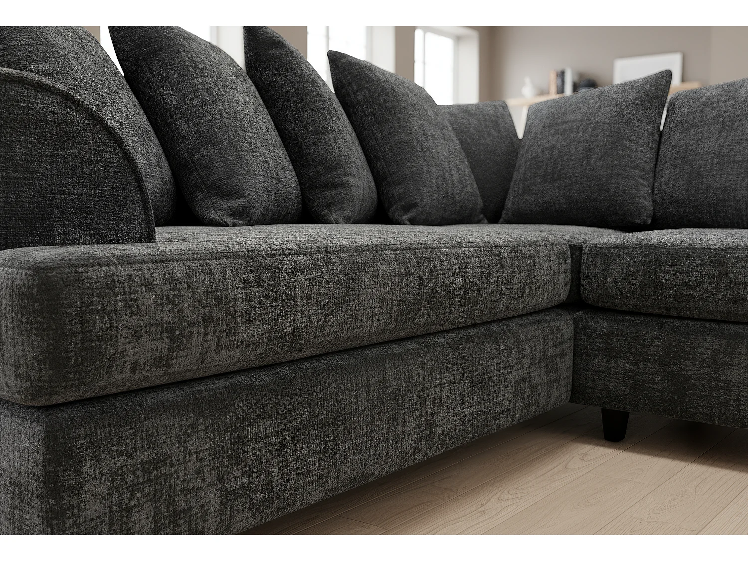 Ferguson Chenille Corner Sofa with Deep Seats and Angular Arms Available in Black