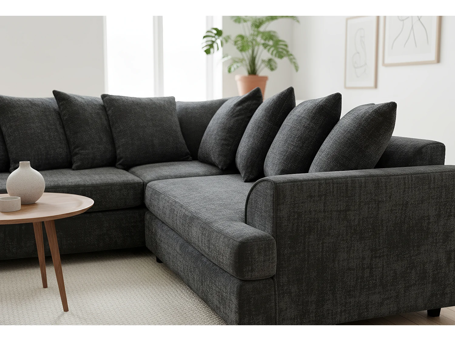 Ferguson Chenille Corner Sofa with Deep Seats and Angular Arms Available in Black