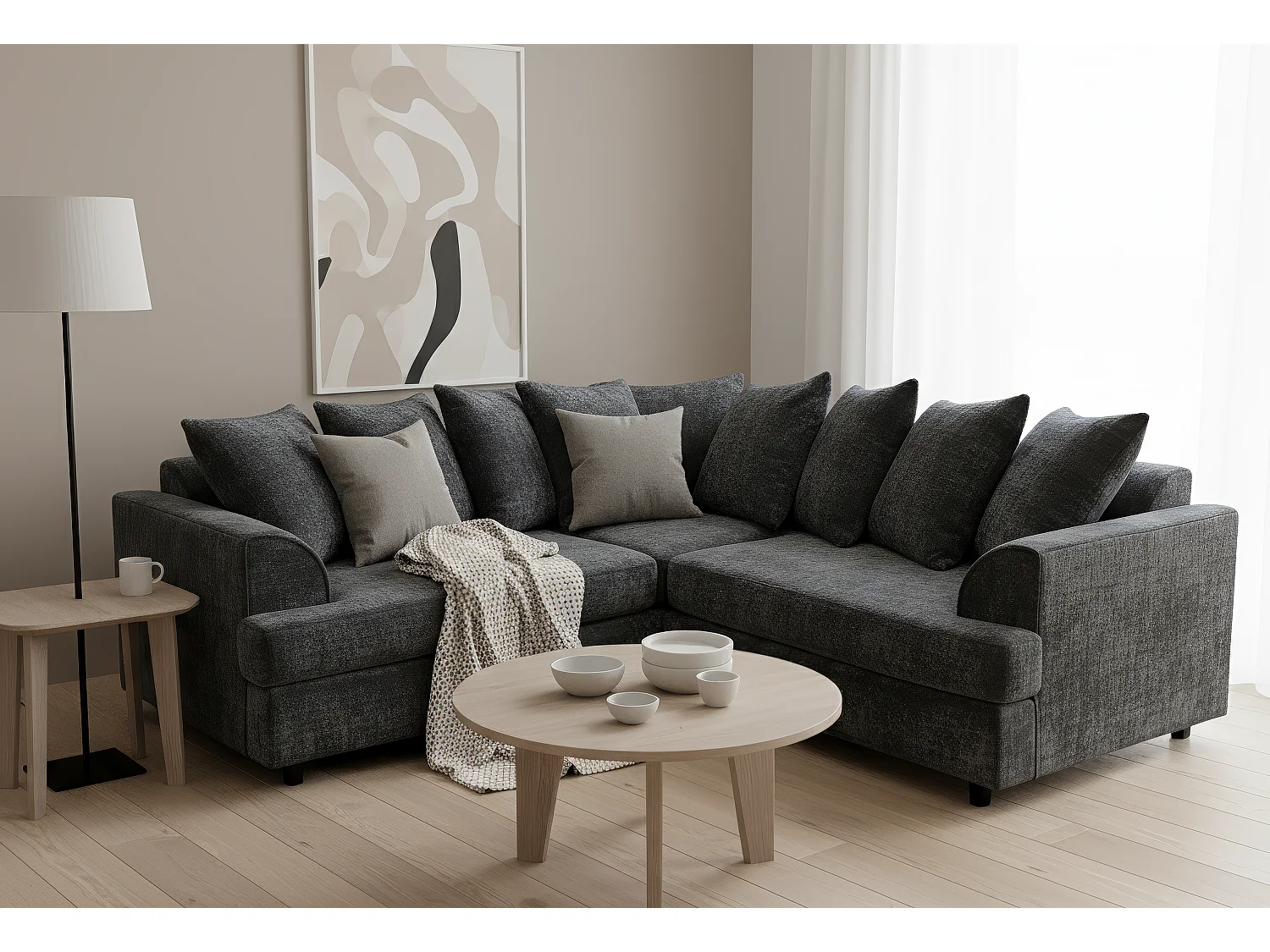 Ferguson Chenille Corner Sofa with Deep Seats and Angular Arms Available in Black