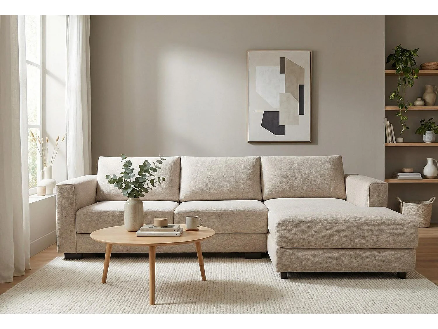 Kaizer Corner Sofa with Bubble Fabric Right Facing Light Brown