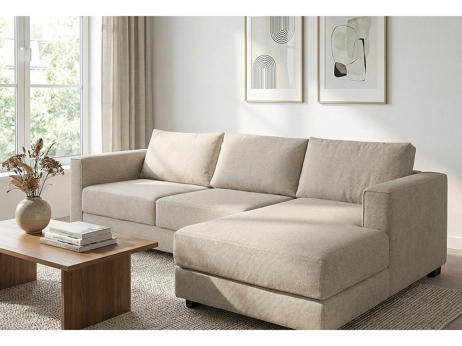 Kaizer Corner Sofa with Bubble Fabric Right Facing Light Brown