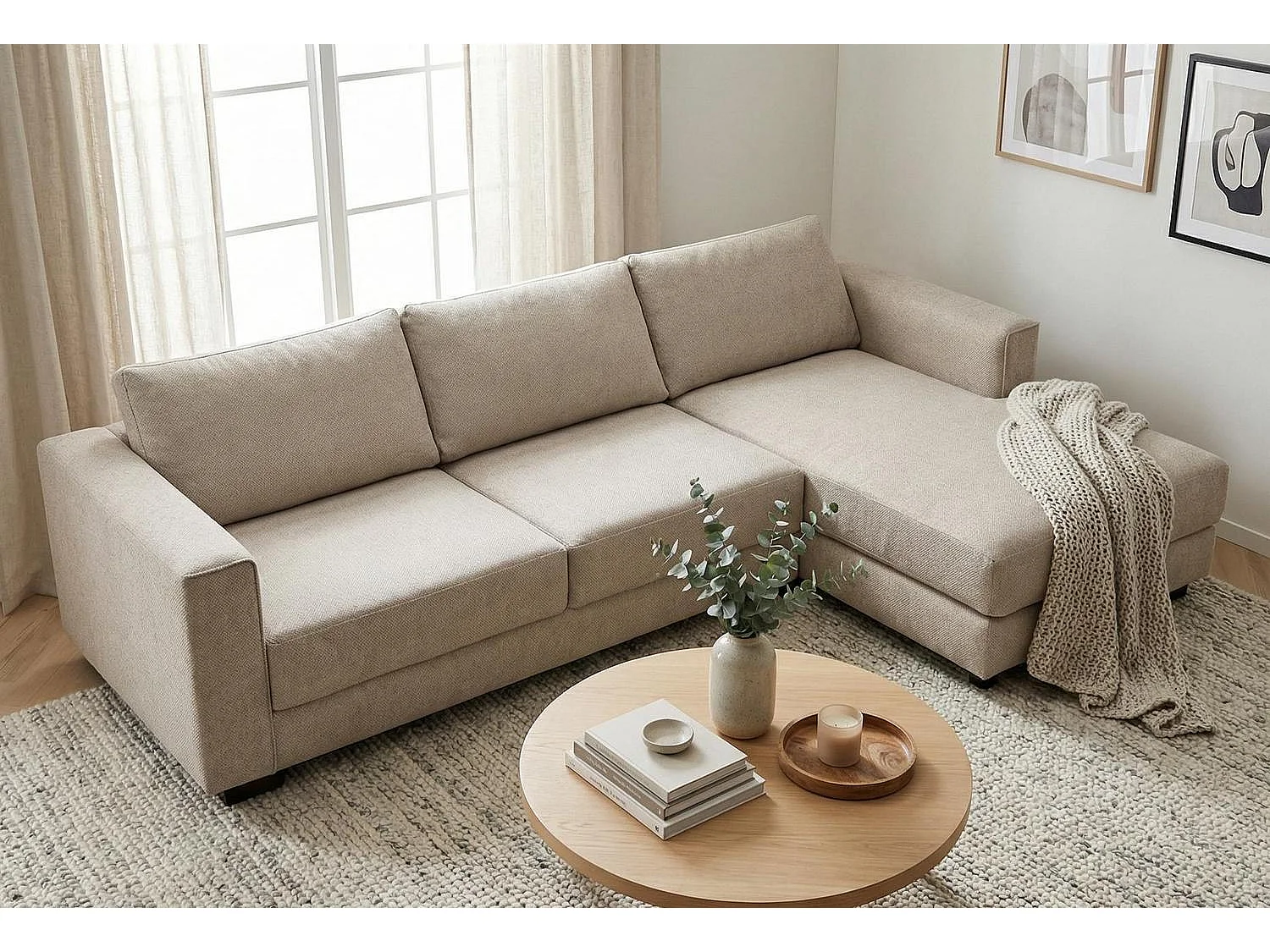 Kaizer Corner Sofa with Bubble Fabric Right Facing Light Brown