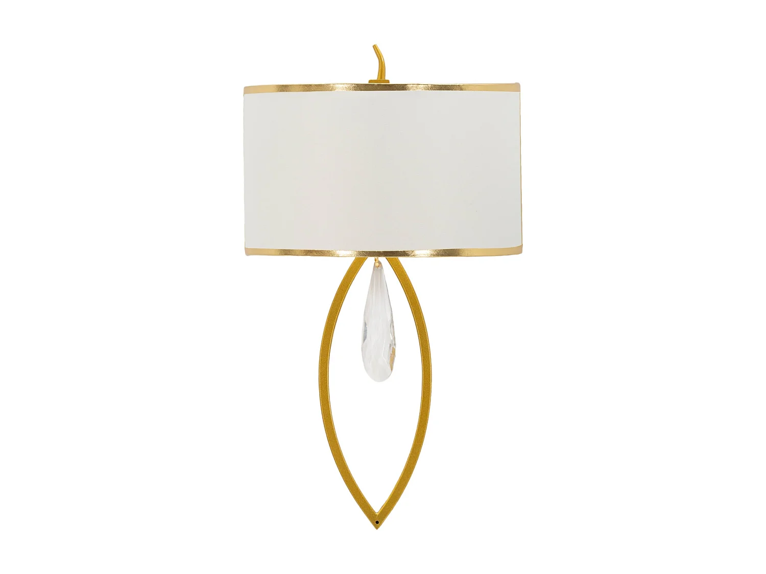 Wandlamp van metaal, glas en goud-witte stof.