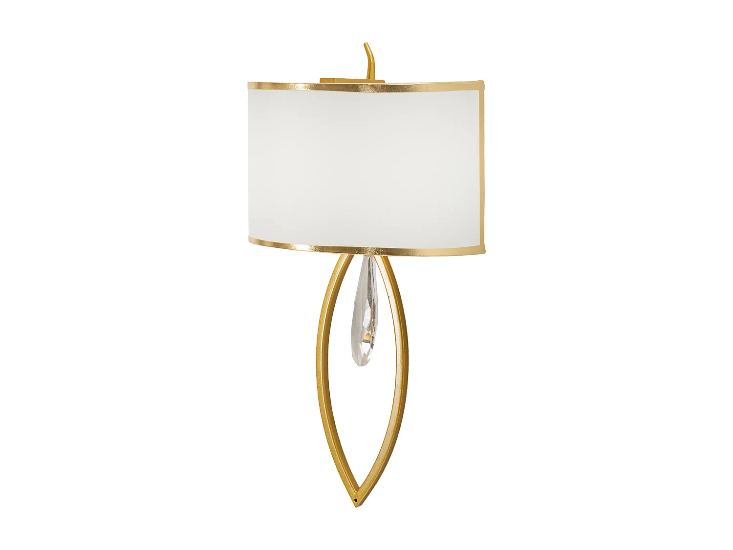 Wandlamp van metaal, glas en goud-witte stof.