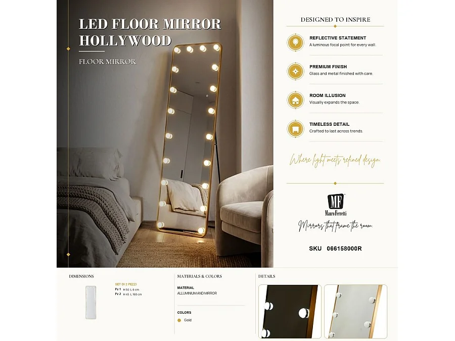 Espejo de suelo rectangular con luces LED Hollywood