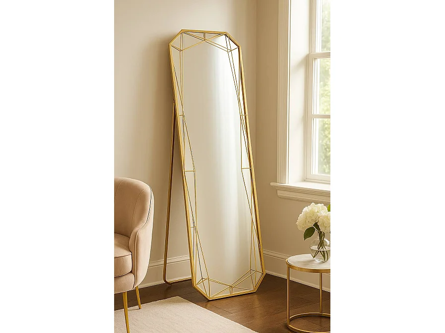 Staande spiegel van goudkleurig metaal, 46x54x153 cm (uitgevouwen afmetingen)