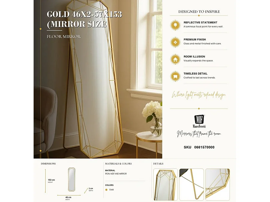 Standspiegel aus Metall goldfarben 46x54x153 cm (aufgestellt)
