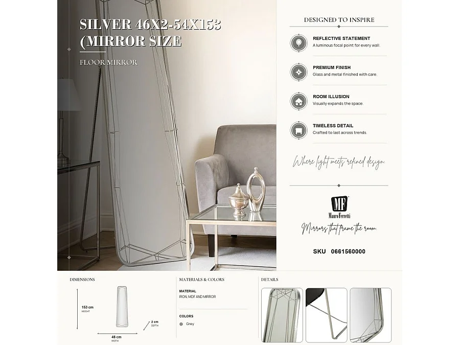 Miroir sur Pied "Linee" 153cm Argent