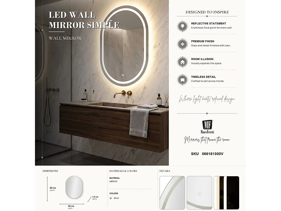 Specchio da muro con luce led cm 60x3,5x80