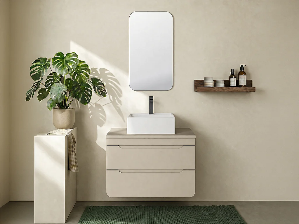 Meuble de salle de bain suspendu avec vasque à poser carrée - Beige - 80 cm - ARUBA