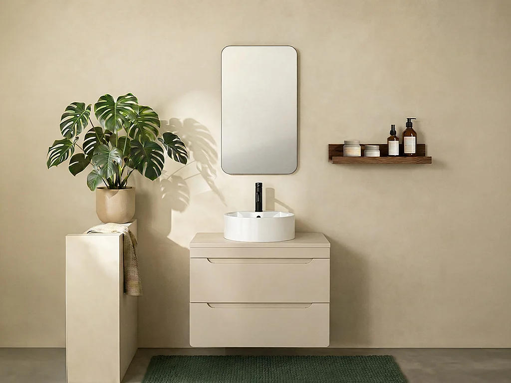 Meuble de salle de bain suspendu avec vasque à poser ronde - Beige - 80 cm - ARUBA