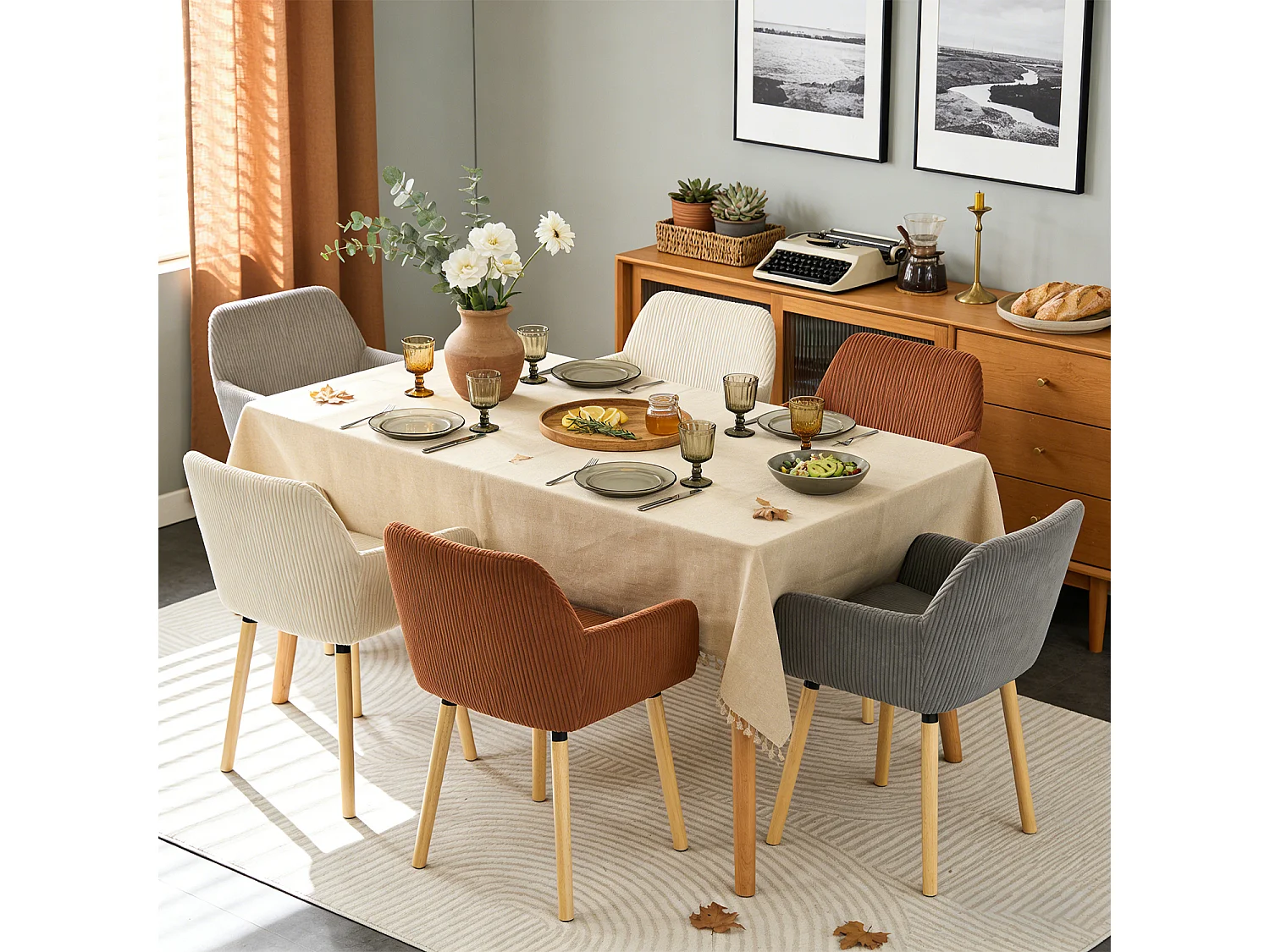 Lot de 6 chaises de salle à manger velours côtelé scandinave, ELIA