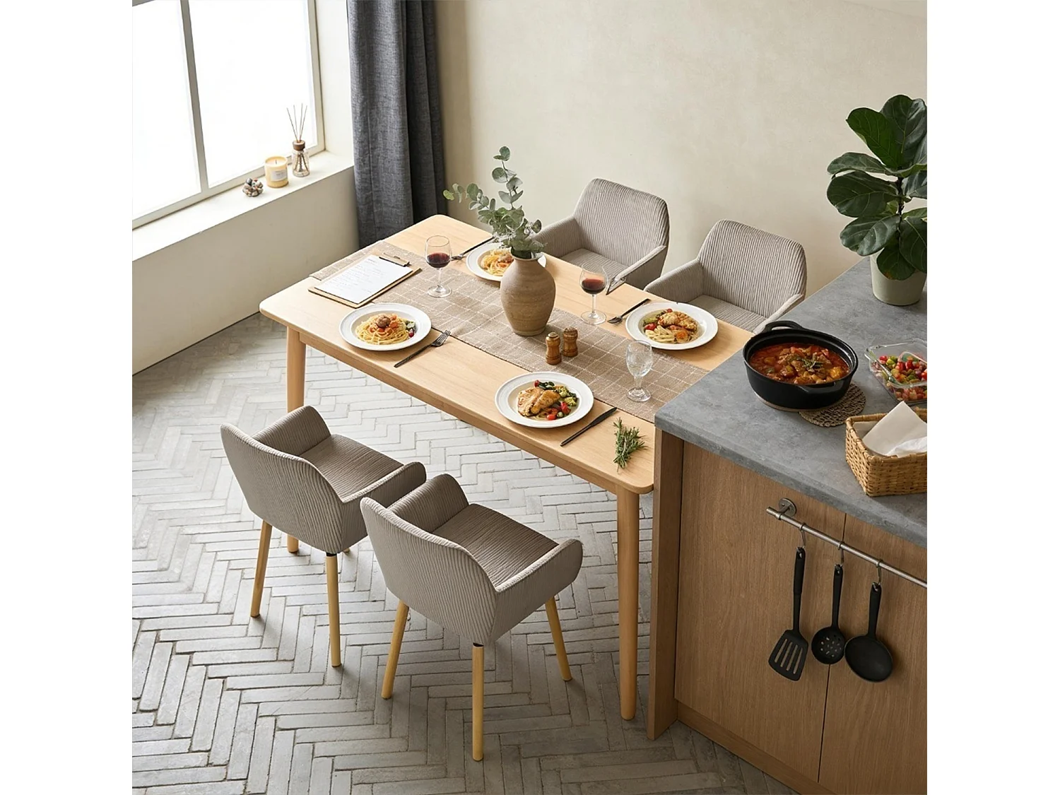 Lot de 4 chaises de salle à manger velours côtelé scandinave, ELIA