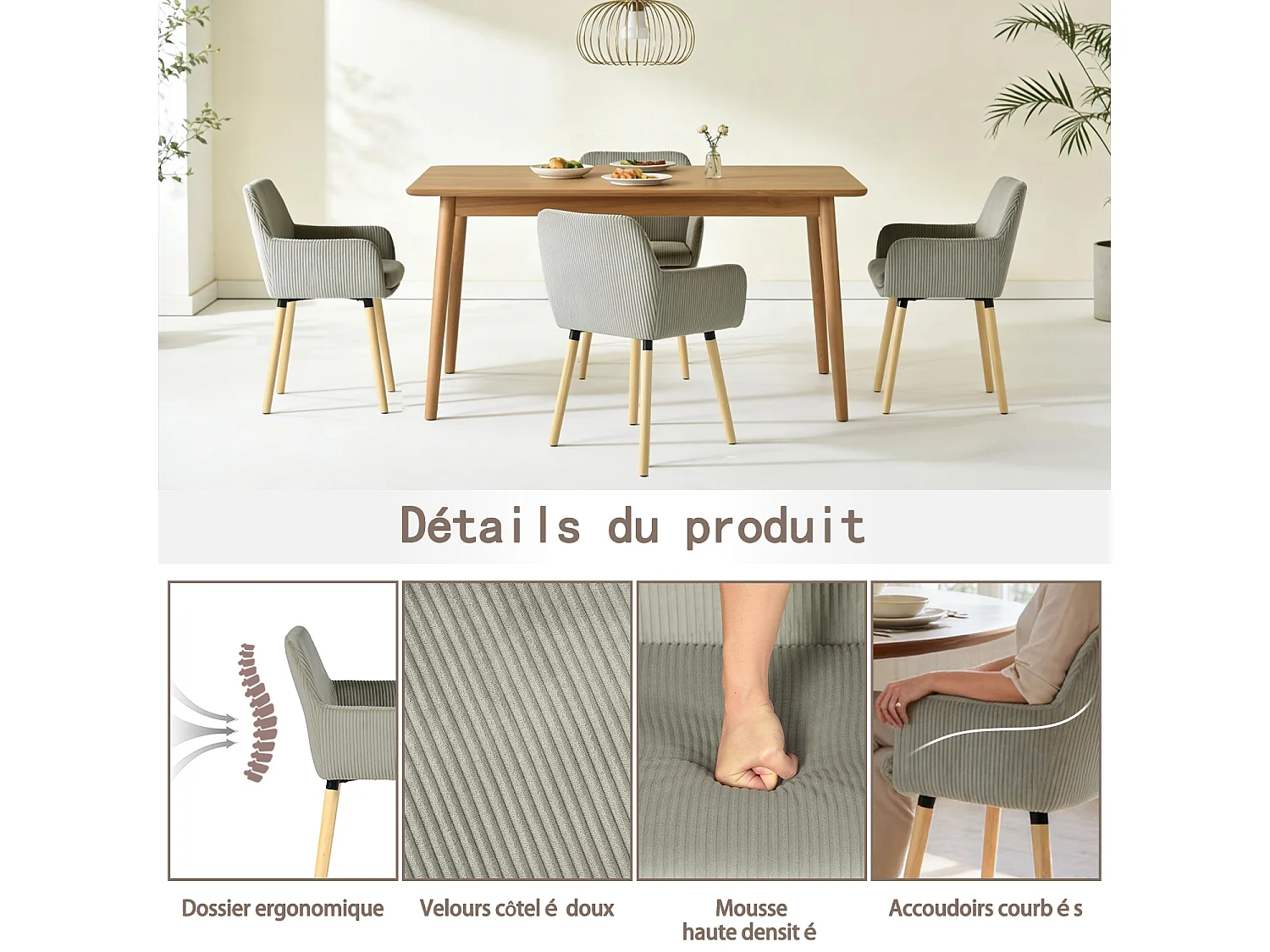 Lot de 4 chaises de salle à manger velours côtelé scandinave, ELIA