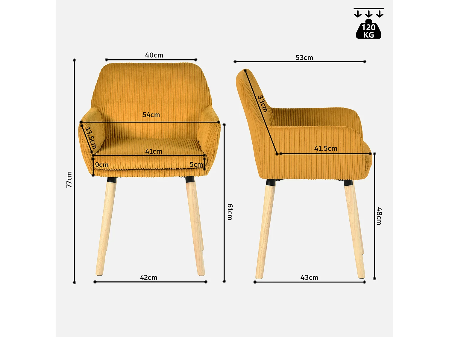 Lot de 2 chaises de salle à manger velours côtelé scandinave, ELIA