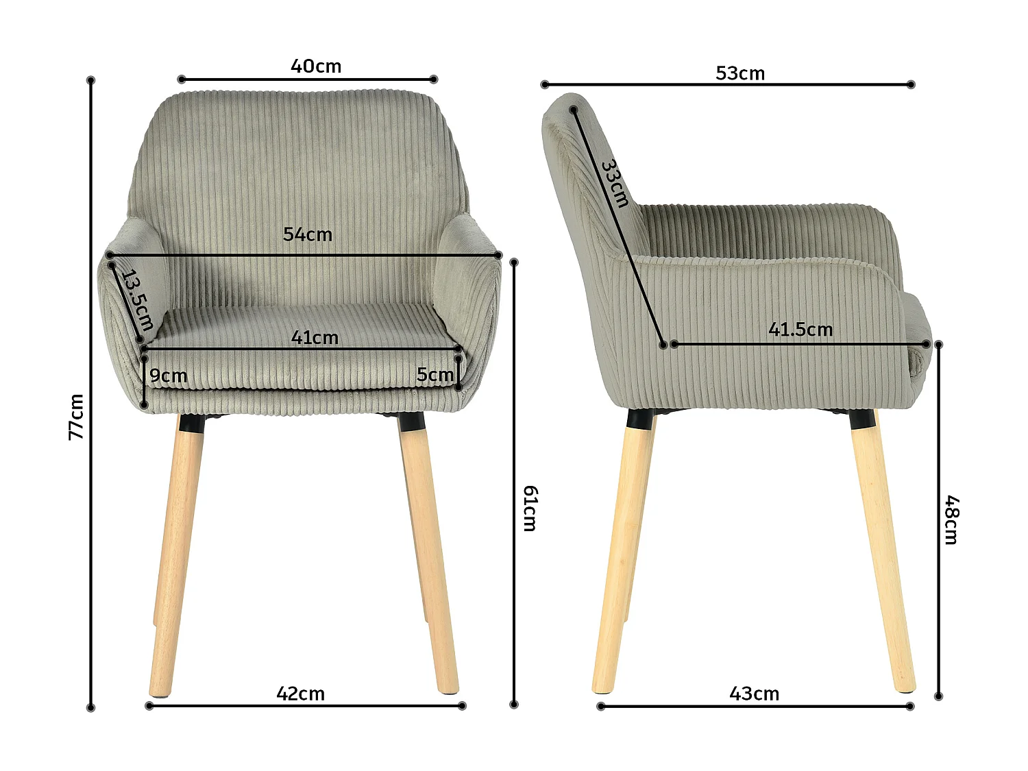 Lot de 2 chaises de salle à manger velours côtelé scandinave, ELIA