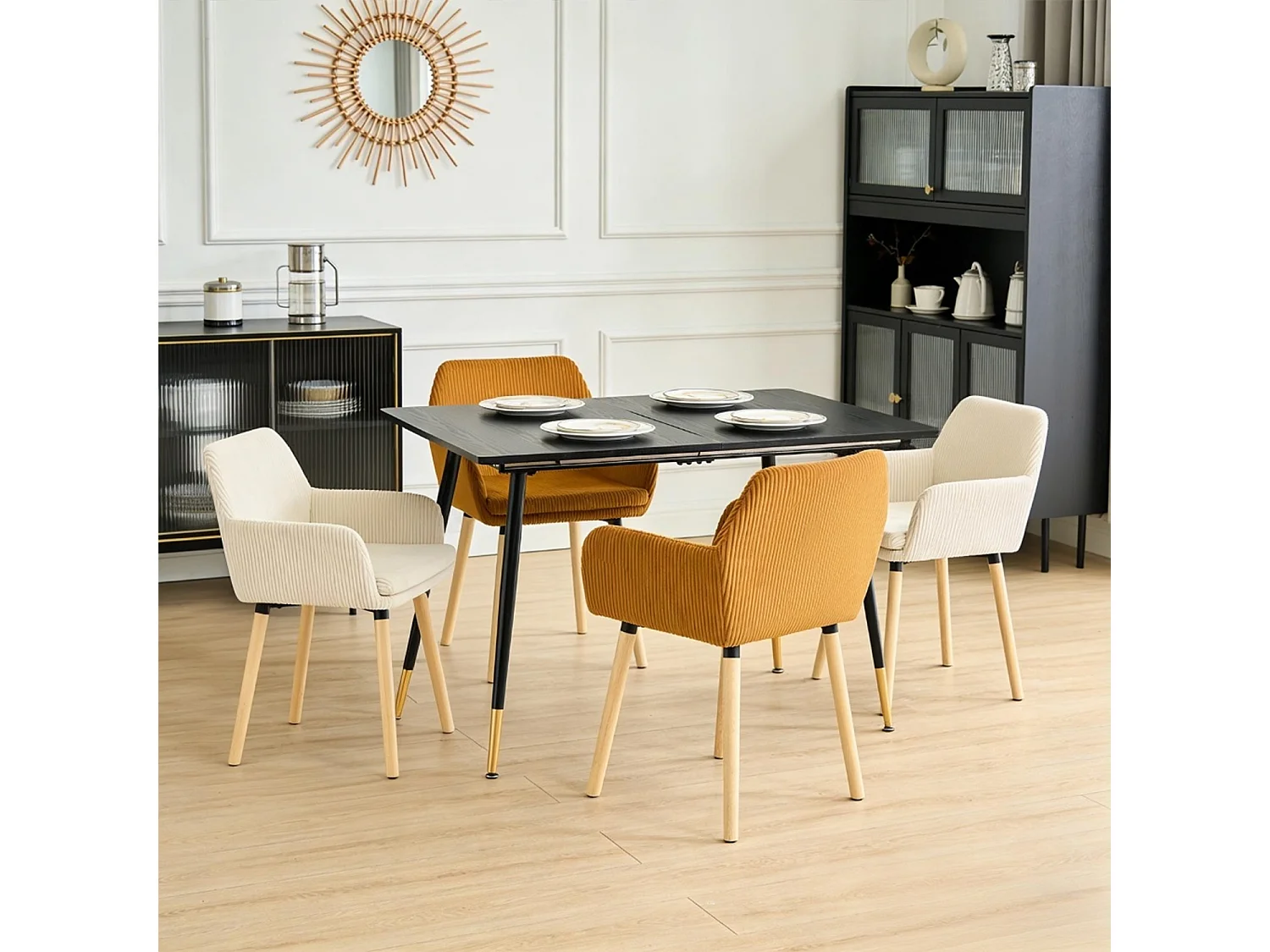 Lot de 4 chaises de salle à manger velours côtelé scandinave, ELIA