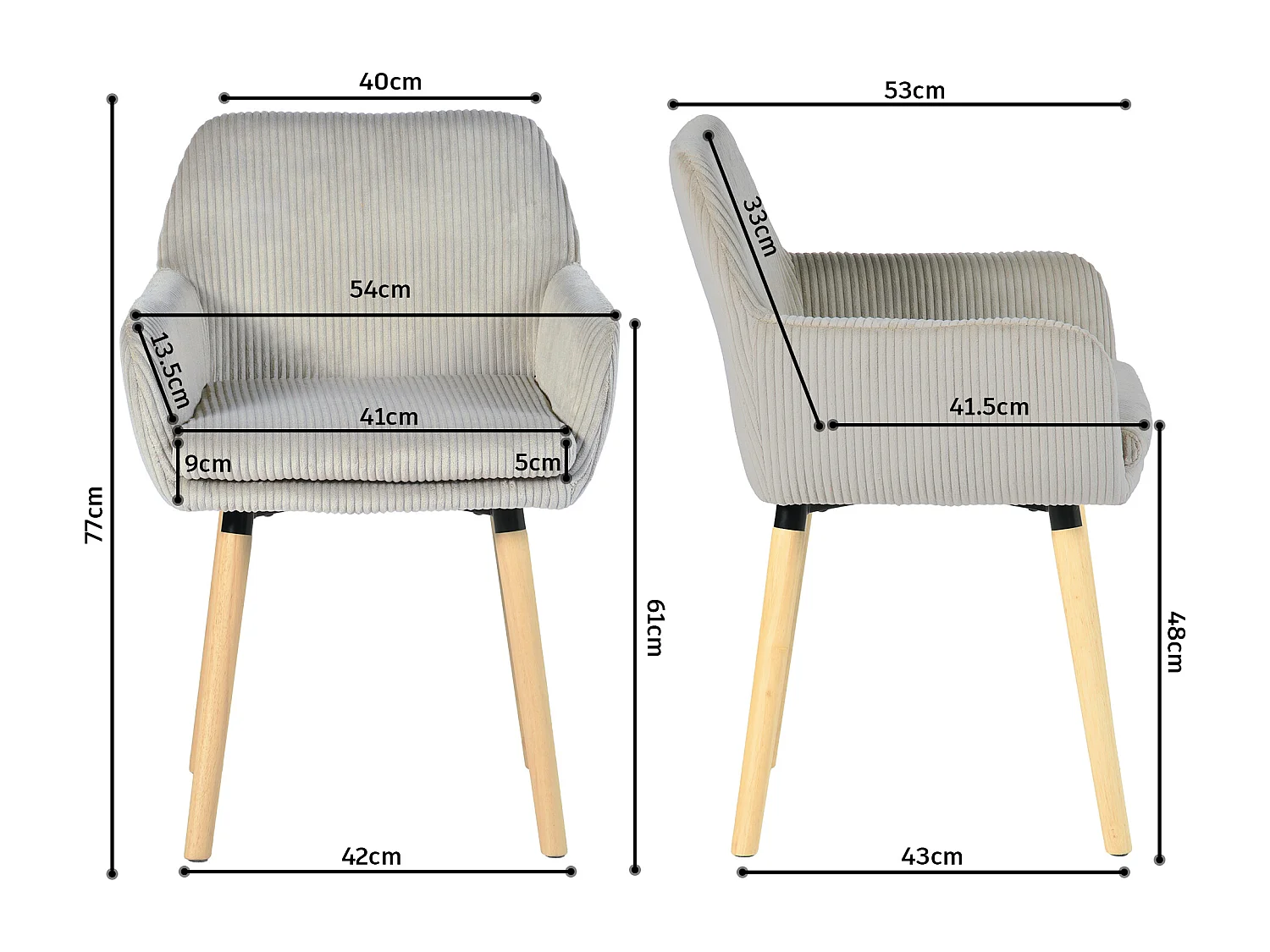 Lot de 6 chaises de salle à manger velours côtelé scandinave, ELIA